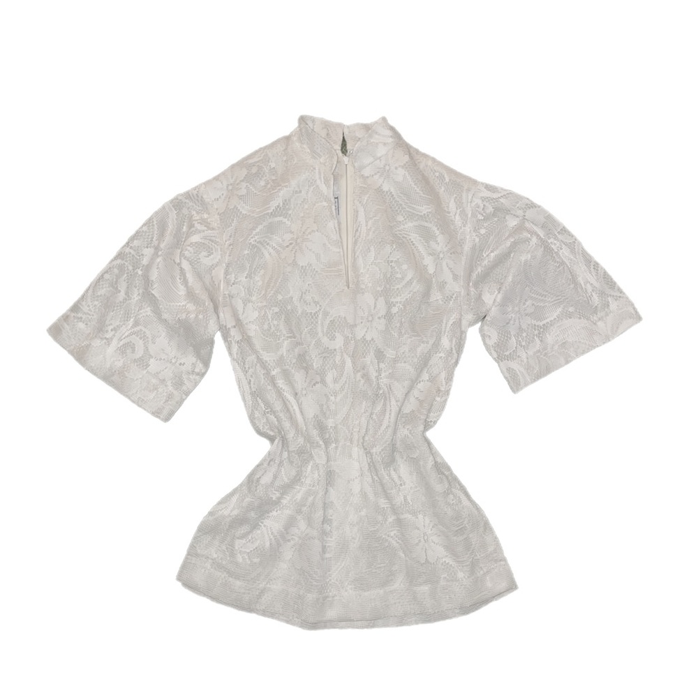 70’s TRUE VINTAGE John California white floral lace mock neck tunic top